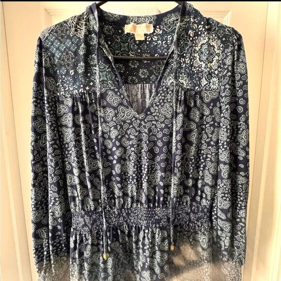 Michael Michael Kors Boho Patchwork Dress Navy Blue Paisley Print Size Small - Picture 3 of 7